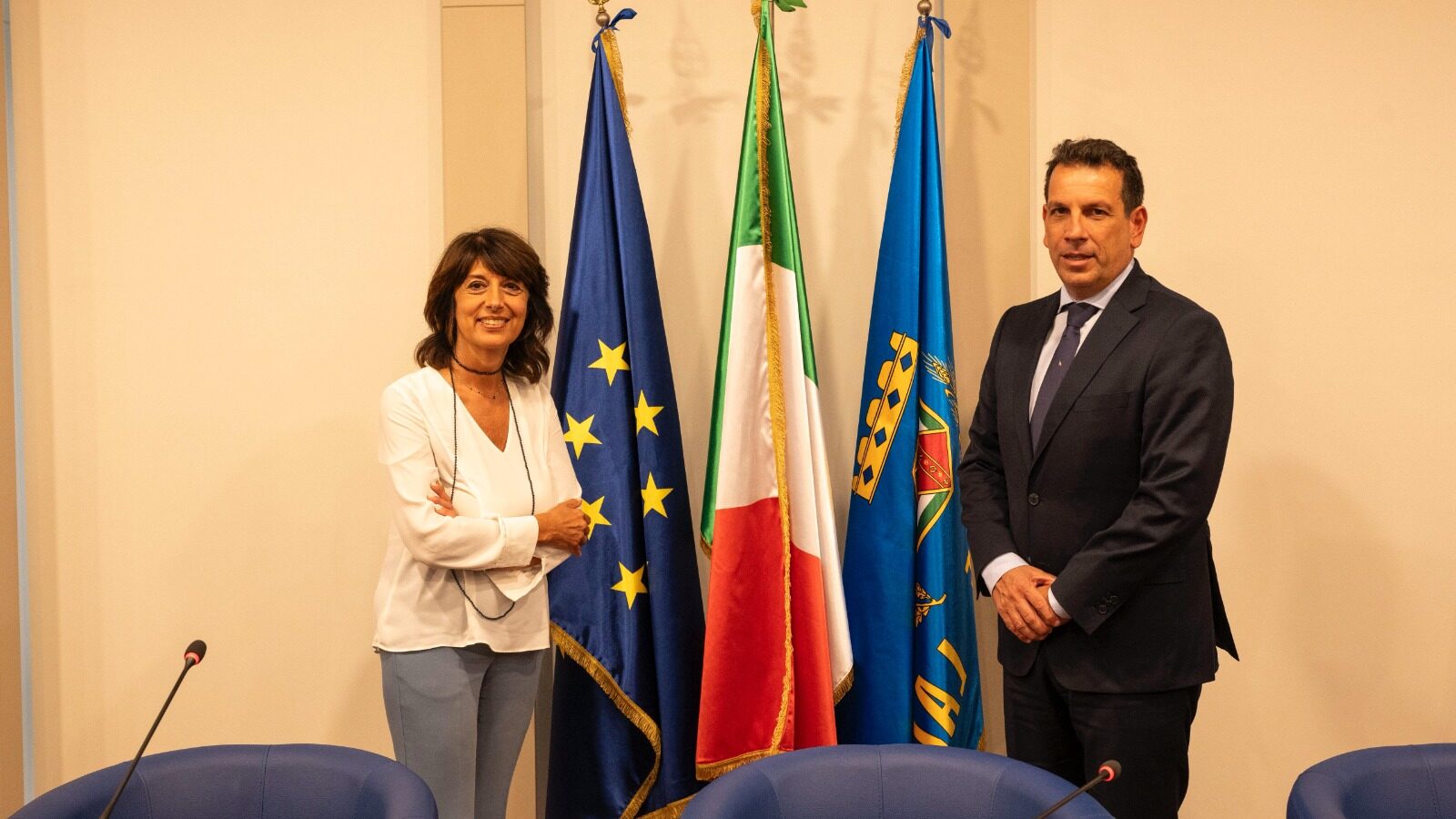 La vicepresidente della Regione Lazio Roberta Angelilli e il commissario dell'Autorità di Sistema Portuale del Mar Tirreno Centro Settentrionale Raffaele Latrofa a margine dell'incontro di giovedì 7 agosto