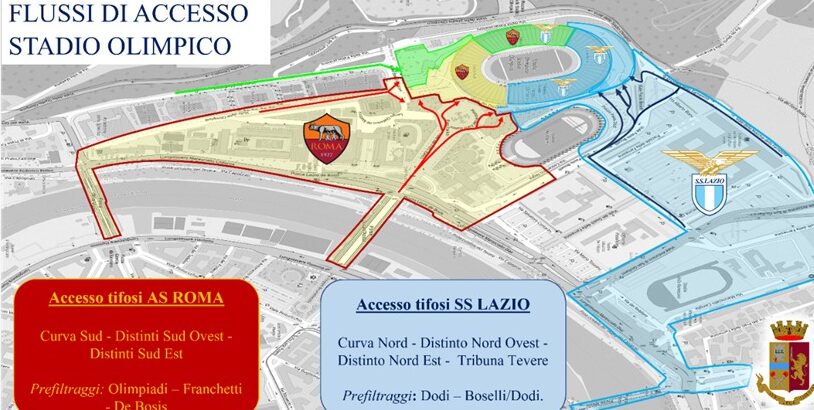 La cartina dell'Olimpico con i percorsi di accesso dei tifosi di Lazio e Roma che rientra nel piano sicurezza messo in atto dalla Questura per il derby di domenica 21 settembre